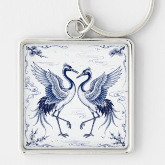 Llavero Danza de grullas Estilo Imari japonés azul y blanc