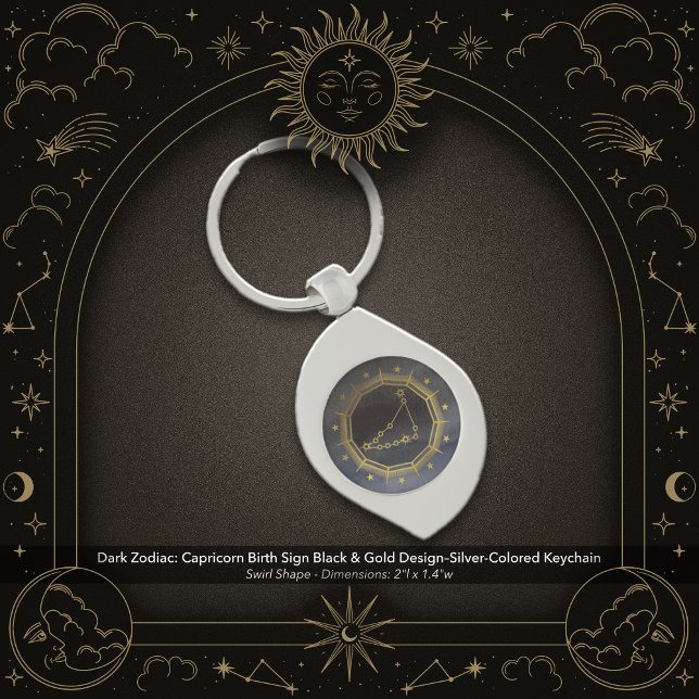 Llavero Dark Zodiac: Capricorn Birth Sign Black & Gold (Dark Zodiac: Capricorn Birth Sign Black & Gold Design on a Silver-Colored Keychain)
