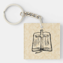 Llavero de acrílico con Biblia y cruz dibujadas a 