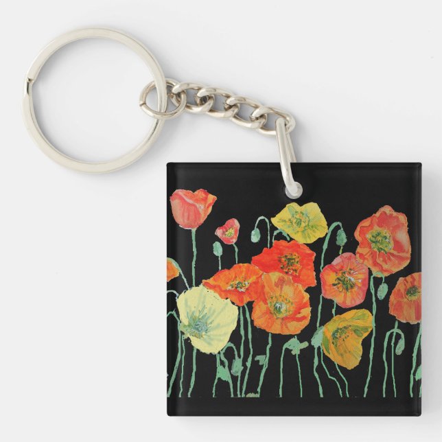 Llavero de acrílico floral de amapolas naranjas y  (Frente)