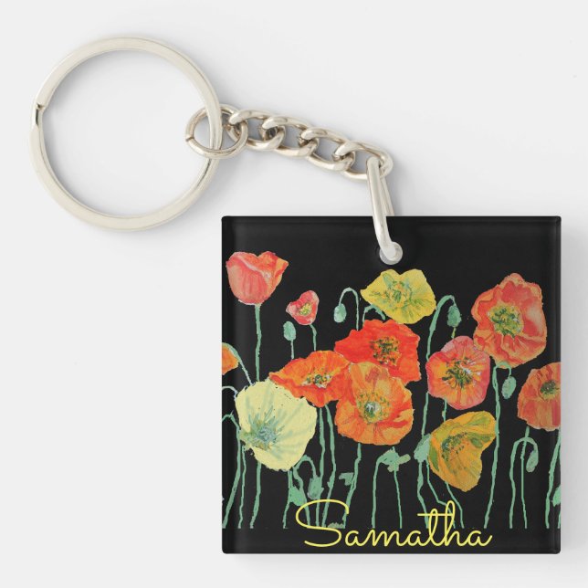 Llavero de acrílico floral de amapolas naranjas y  (Frente)
