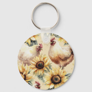 Llavero de Acuarela de Gallina con Girasol