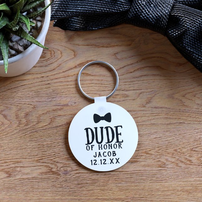 Llavero de boda para el caballero de honor junior (Add your name and wedding date to this funny Dude of Honor keychain)