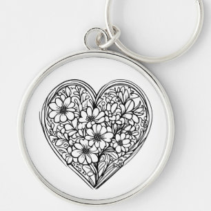 llavero de corazón de flor en blanco y negro