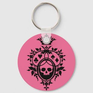 Llavero de cresta rosa con cráneo y palos de carta