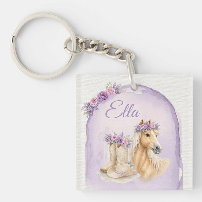 Llavero de cumpleaños de caballo floral morado par (Frente)