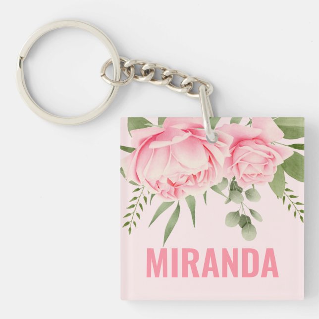 Llavero de flores de acuarela de moda con rosas ro (Frente)