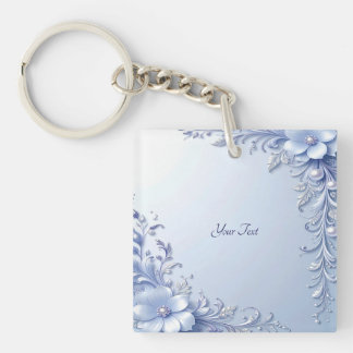 Llavero de Flores Ornamentadas Azules con Perlas