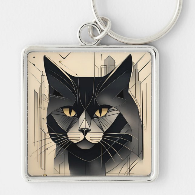 Llavero de gato negro Art Deco (Frente)