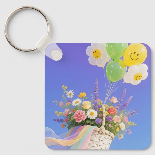 Llavero de Globo Sonriente y Cesta de Flores (Anverso)