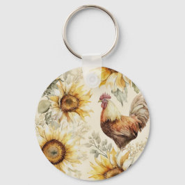 Llavero de granja de pollos con girasoles