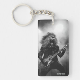 Llavero de guitarrista de león rugiente monocromo