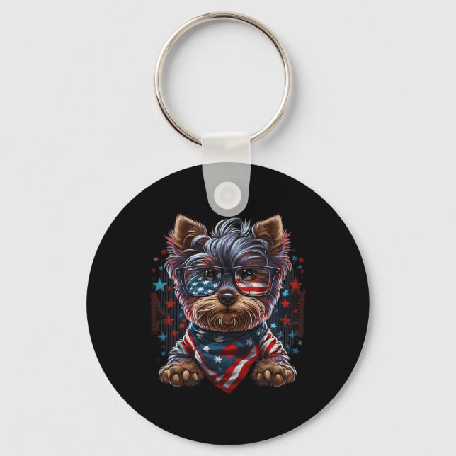 Llavero De Julio Patriotic Yorkie Dog Bandera Estadouniden (Anverso)