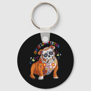 Llavero De Los Muertos Bulldog inglés Floral Skull Face M
