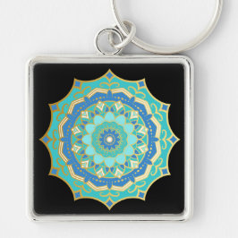 Llavero de Mandala Bohemio de Oro y Turquesa Azul