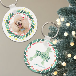 Llavero de perro de peluche rosa pastel de Navidad