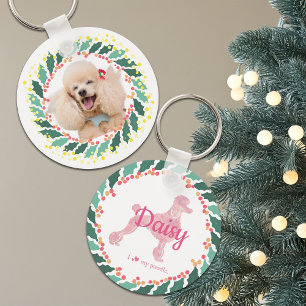 Llavero de perro de peluche rosa pastel de Navidad