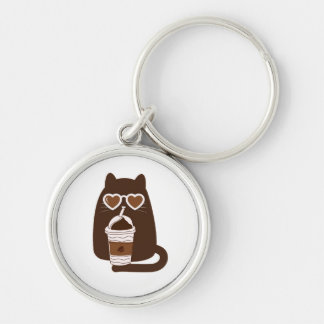 Llavero de plata con gato adorable bebiendo café h
