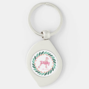 Llavero de poodle rosa pastel de Navidad con nombr