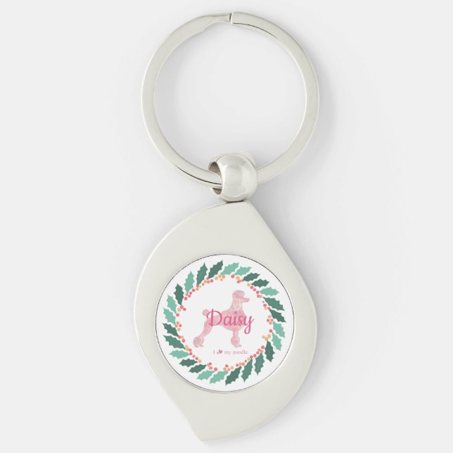 Llavero de poodle rosa pastel de Navidad con nombr (Anverso)