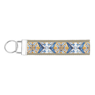 Llavero De Pulsera Blue Gold White Talavera Azulejo look Keychain