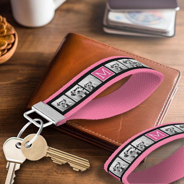 Llavero De Pulsera Collage de fotos de moda negro y rosa con monogram (Personalized Keychain - Photo and Text)
