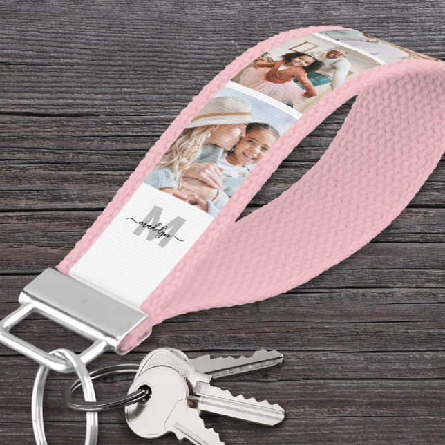 Llavero De Pulsera Collage de fotos monograma personalizado (Personalized Monogram Photo Collage Wrist Keychain)