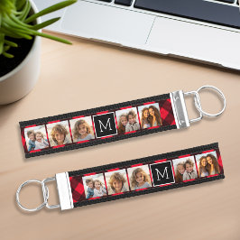 Llavero De Pulsera Collage de fotos - Monograma Rojo Negro Tapado de