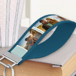 Llavero De Pulsera Crea tu propio Collage de fotos 6 Misty Blue White<br><div class="desc">Transforme esta cadena real de muñecas azules en un regalo único con su propio collage de fotos. El diseño presenta tus fotos favoritas sobre un fondo azul y blanco polvoriento. La plantilla está preparada para que pueda añadir hasta 6 imágenes diferentes en una tira de fotos alrededor de la banda...</div>