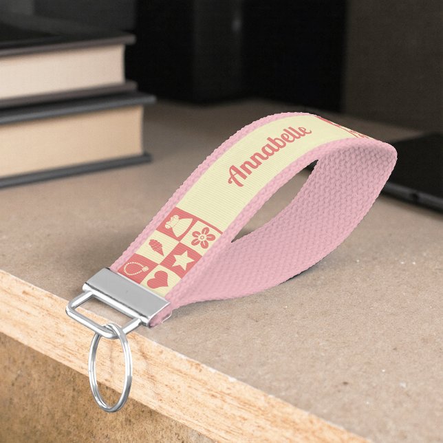 Llavero De Pulsera Cute Girly Modern Pink Checkered Icons Pattern (Subido por el creador)