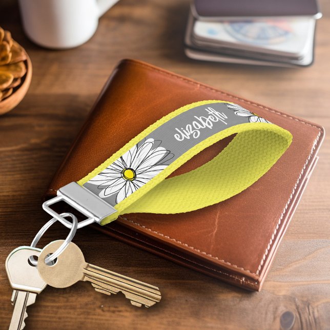 Llavero De Pulsera Daisy de moda con gris y amarillo (Personalized Keychain - Whimsical Daisy)