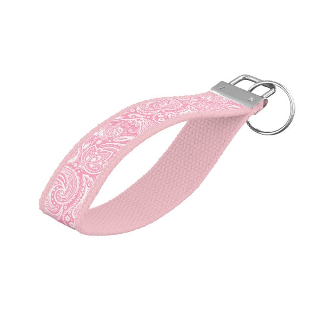 Llavero De Pulsera Elegante patrón de paisley rosa y blanco (Angulado hacia arriba)