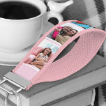 Llavero De Pulsera Estampilla rosa Pastel personalizada de 6 Collages<br><div class="desc">Crea un regalo único con tu propio collage de fotos en este útil keychain de muñecas rosa y blanco pastel. El diseño incluye tus fotos favoritas colocadas verticalmente sobre un fondo de rayas blancas y rosas claras. La plantilla está preparada para que pueda añadir hasta 6 imágenes diferentes en una...</div>