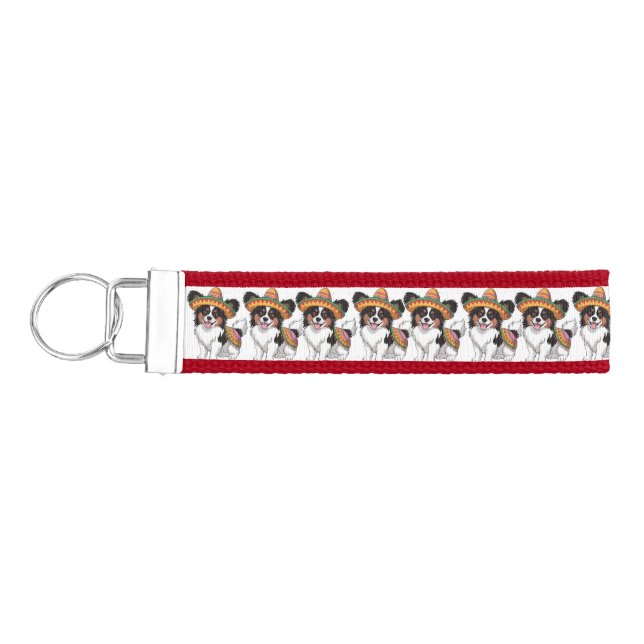 Llavero De Pulsera Fiesta Papillon Dog con Sombrero y Sarape (Llaves lado izquierdo)