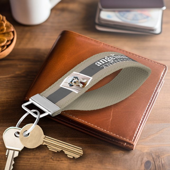 Llavero De Pulsera Foto y nombre personalizados del patrón rayado de  (Personalized Keychain - Photo and Text)