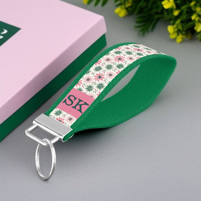 Llavero De Pulsera Keychain de flores verdes y rosas monogramadas (Subido por el creador)