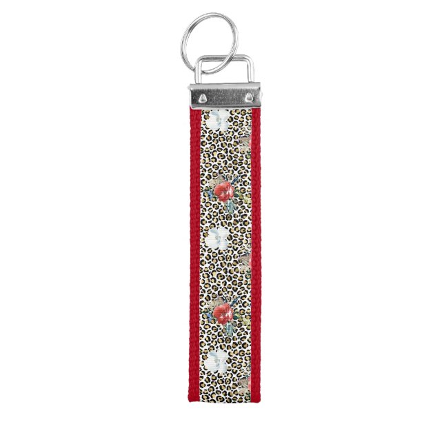 Llavero De Pulsera Leopardo dorado Imprimir Floral Blanco Rojo (Llaves parte superior)