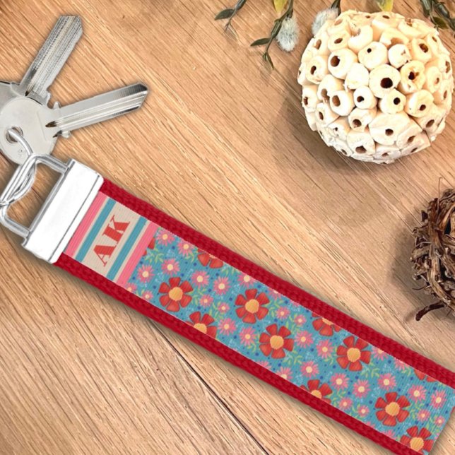 Llavero De Pulsera Moda Diversión Rojo Patrón Floral Monograma Inicia (Subido por el creador)