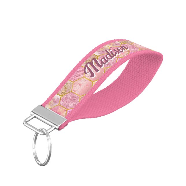 Llavero De Pulsera Moda elegante faux Purpurina rosa hexagones de oro (Angulado hacia abajo)