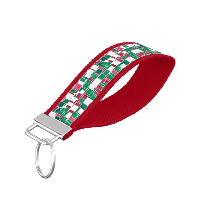 Llavero De Pulsera Mondrian Navidades rojos y verdes audaces modernos (Angulado hacia abajo)