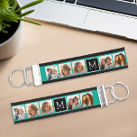 Llavero De Pulsera Monograma de Collage de fotos Esmeralda y Negro en<br><div class="desc">Patrón de cuatrefoil verde y blanco - Usa cinco fotos cuadradas para crear un regalo único y personal. O puedes mantener al cachorro hipster y hacer un keepsake de moda. Si necesita ajustar las imágenes,  haga clic en la herramienta personalizar para realizar cambios.</div>