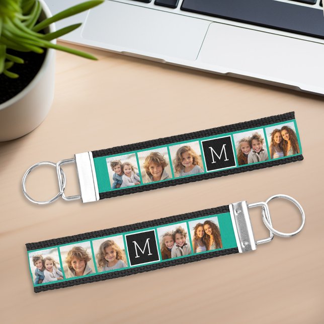 Llavero De Pulsera Monograma de Collage de fotos Esmeralda y Negro en (5 Photo personalized keychain lanyard - wrist loop key holder)
