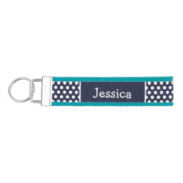 Llavero De Pulsera Monograma de puntos de polka azul de la marina