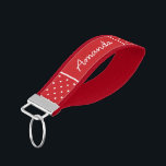 Llavero De Pulsera Monograma de puntos pequeños rojos<br><div class="desc">Pulsera de la cadena de teclas de la banda de la muñeca impresa por un personalizado con un lindo patrón de puntos polka. Personalízalo con tu nombre monograma u otro texto personalizado. Haga clic en Personalizar para cambiar fuentes y colores o añadir su propio texto e imágenes para crear uno...</div>