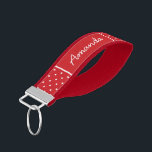 Llavero De Pulsera Monograma de puntos pequeños rojos<br><div class="desc">Pulsera de la cadena de teclas de la banda de la muñeca impresa por un personalizado con un lindo patrón de puntos polka. Personalízalo con tu nombre monograma u otro texto personalizado. Haga clic en Personalizar para cambiar fuentes y colores o añadir su propio texto e imágenes para crear uno...</div>