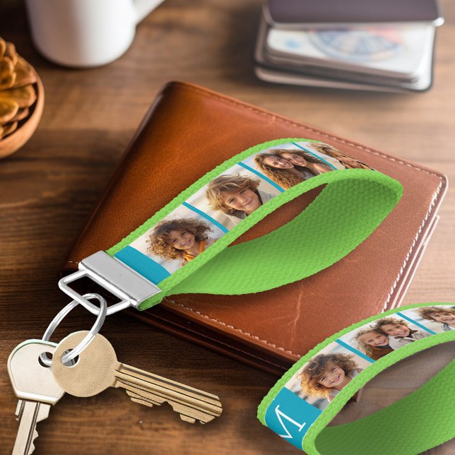 Llavero De Pulsera Monograma del Personalizado Aqua Blue Collage de f (Personalized Keychain - Photo Collage and Monogram)