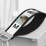 Llavero De Pulsera Monogramado 6 Paisaje de Collage de fotos Blanco<br><div class="desc">Crea tu propia cadena de teclas de muñeca monogramada, personalizada con 6 de tus fotos favoritas, mostradas en formato horizontal. La plantilla está configurada para que cree su propio collage de estilo de tira de fotos simple en un fondo blanco con iniciales en negro. Fotos familiares, fotos de mascotas, selfies,...</div>