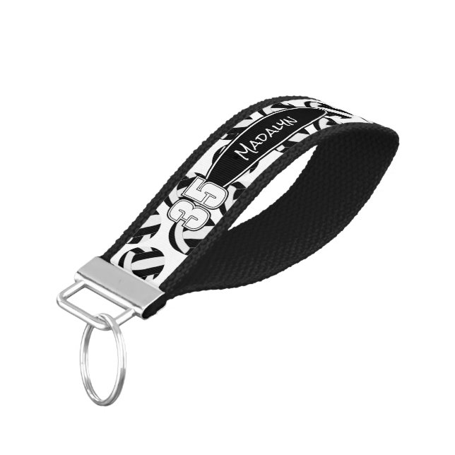 Llavero De Pulsera nombre del atleta de voleibol blanco negro (Angulado hacia abajo)