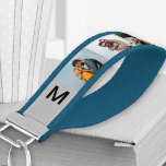 Llavero De Pulsera Panorama de Collage de fotos monogramado 6 Gris<br><div class="desc">Crea tu propia cadena de teclas de muñeca monogramada, personalizada con 6 de tus fotos favoritas, mostradas en formato horizontal. La plantilla está configurada para que cree su propio collage de estilo de tira de fotos simple en un fondo gris con iniciales negras. Fotos familiares, fotos de mascotas, selfies, fotos...</div>