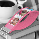 Llavero De Pulsera Tiras rosadas de 6 Collages de fotos personalizada<br><div class="desc">Crea un regalo único con tu propio collage de fotos en esta útil cadena de teclas de muñeca rosa y blanca. El diseño incluye tus fotos favoritas colocadas verticalmente sobre un fondo de rayas rosas y blancas. La plantilla está preparada para que pueda añadir hasta 6 imágenes diferentes en una...</div>